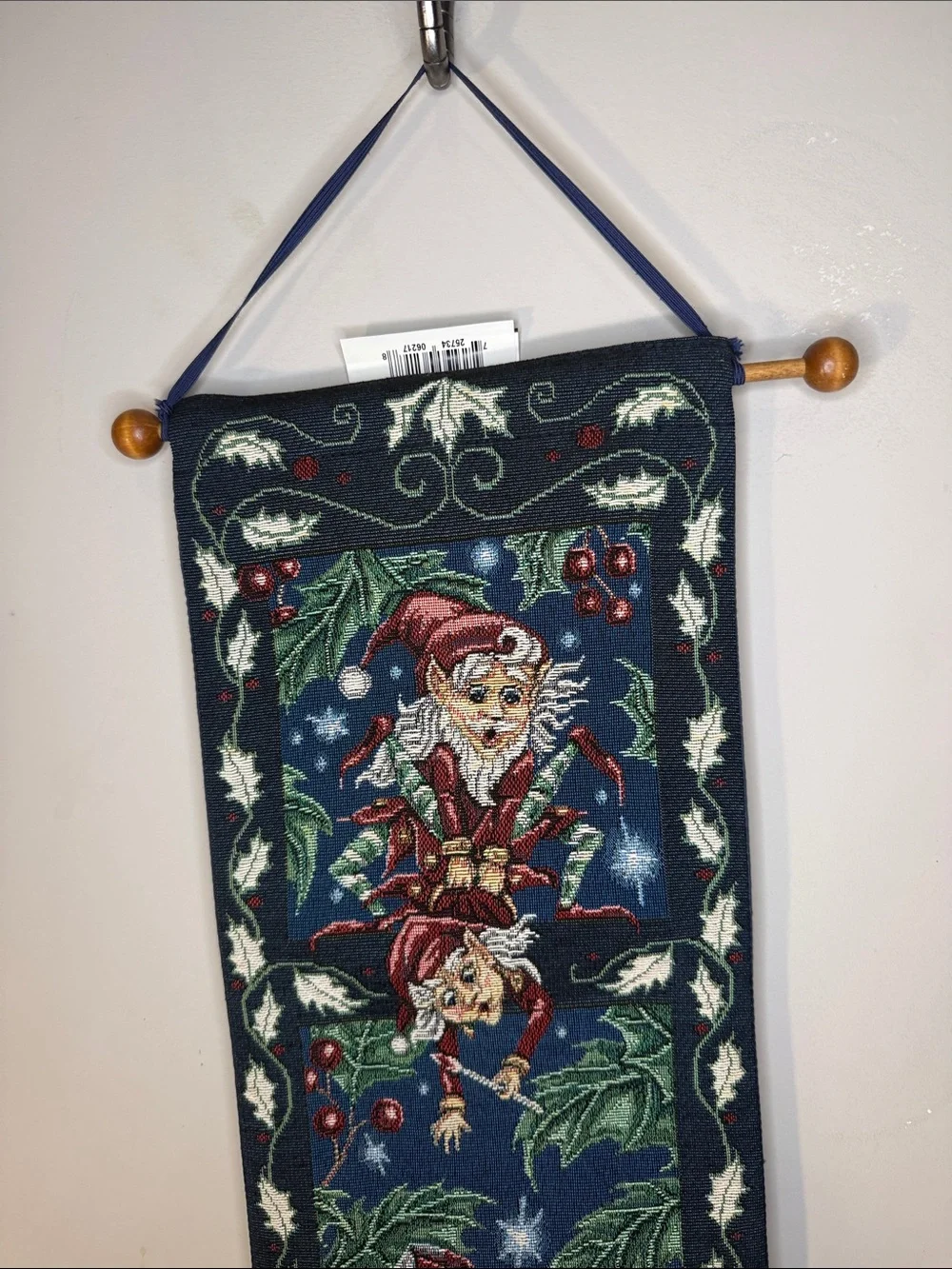 Holiday Elf Tapestry Runner - Navy and Red Christmas Decor 8x41